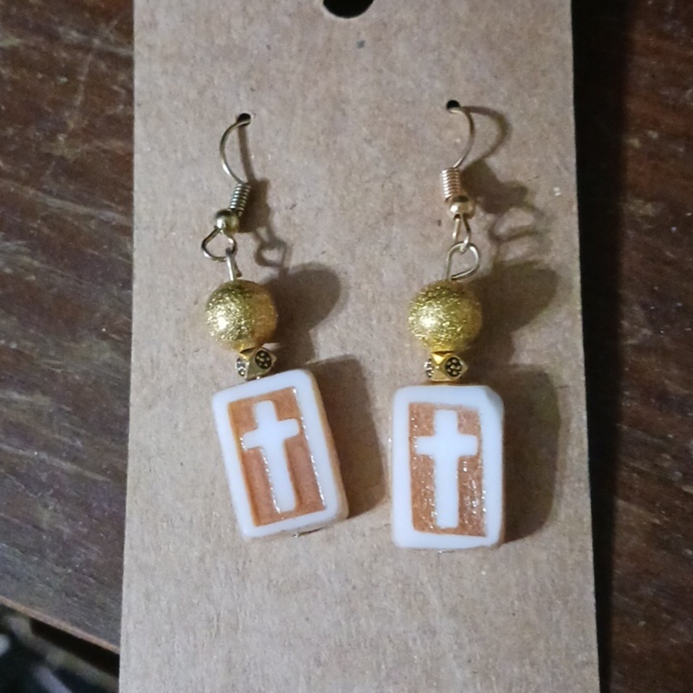 Gold and White Cross Earrings